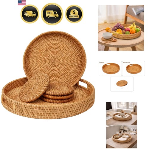 Round rattan serving tray set - round,